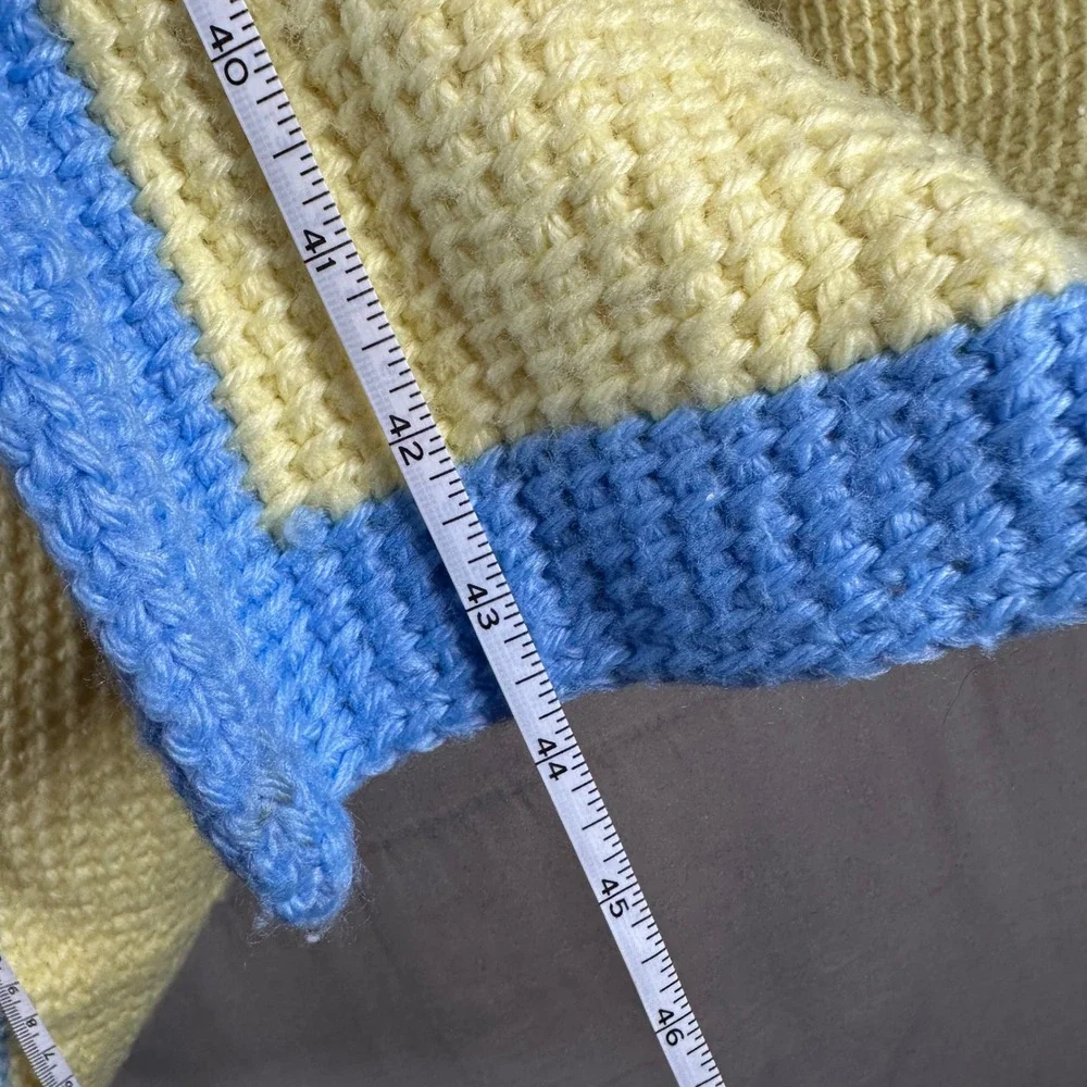 Vintage Handmade Crochet Teddy Bear Baby Blanket Yellow Blue‎ 44x48 knit nursery